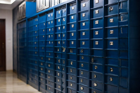 Blue steel Mailboxes in an apartment residential building inside. Modern rows of numbered mailbox, creative design mail backgrounds. Urban correspondence concept. Copy ad text space. Generated AIの素材