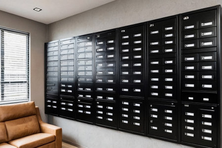Black steel Mailboxes in an apartment residential building inside. Modern rows of numbered mailbox, creative design mail backgrounds. Urban correspondence concept. Copy ad text space. Generated AIの素材