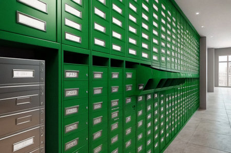 Green steel Mailboxes in an apartment residential building inside. Modern rows of numbered mailbox, creative design mail backgrounds. Urban correspondence concept. Copy ad text space. Generated AIの素材