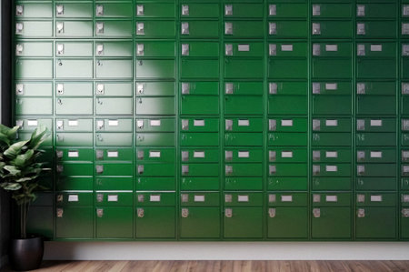 Green steel Mailboxes in an apartment residential building inside. Modern rows of numbered mailbox, creative design mail backgrounds. Urban correspondence concept. Copy ad text space. Generated AIの素材