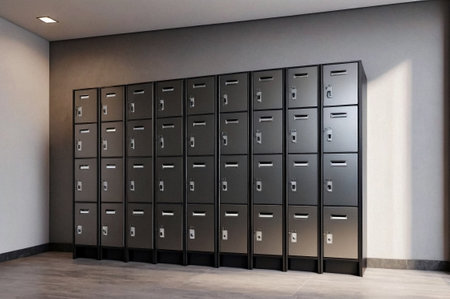 Gray steel Mailboxes in an apartment residential building inside. Modern rows of numbered mailbox, creative design mail backgrounds. Urban correspondence concept. Copy ad text space. Generated AIの素材
