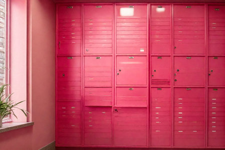 Pink steel Mailboxes in an apartment residential building inside. Modern rows of numbered mailbox, creative design mail backgrounds. Urban correspondence concept. Copy ad text space. Generated AIの素材