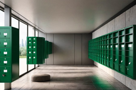 Green steel Mailboxes in an apartment residential building inside. Modern rows of numbered mailbox, creative design mail backgrounds. Urban correspondence concept. Copy ad text space. Generated AIの素材