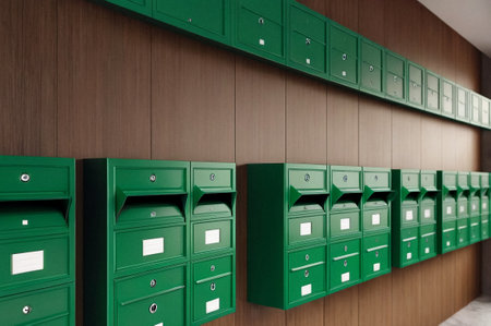 Green steel Mailboxes in an apartment residential building inside. Modern rows of numbered mailbox, creative design mail backgrounds. Urban correspondence concept. Copy ad text space. Generated AIの素材