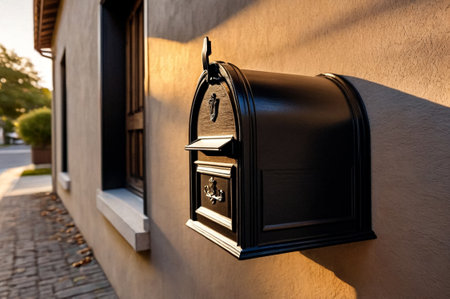 Black wooden Mailbox in an house residential building outside. Modern numbered mailbox box outdoors, creative design mail backgrounds. Urban correspondence concept. Copy ad text space. Generated AIの素材