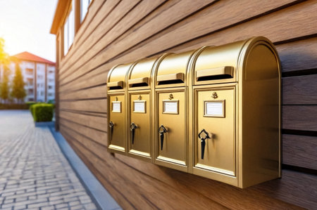 Gold wooden Mailbox in an house residential building outside. Modern numbered mailboxes box outdoors, creative design mail backgrounds. Urban correspondence concept. Copy ad text space. Generated AIの素材