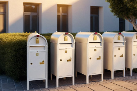 White wooden Mailbox in an house residential building outside. Modern numbered mailboxes box outdoors, creative design mail backgrounds. Urban correspondence concept. Copy ad text space. Generated AIの素材