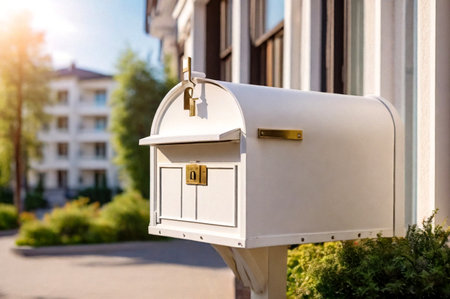 White wooden Mailbox in an house residential building outside. Modern numbered mailboxes box outdoors, creative design mail backgrounds. Urban correspondence concept. Copy ad text space. Generated AIの素材