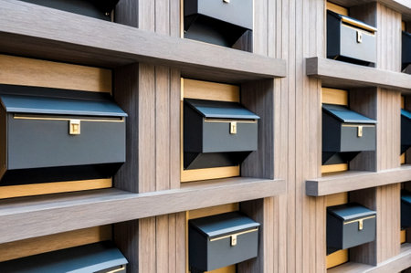 Gray wooden Mailbox in an house residential building outside. Modern numbered mailboxes box outdoors, creative design mail backgrounds. Urban correspondence concept. Copy ad text space. Generated AIの素材