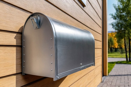 Silver wooden Mailbox in an house residential building outside. Modern numbered mailboxes box outdoors, creative design mail backgrounds. Urban correspondence concept. Copy ad text space. Generated AIの素材