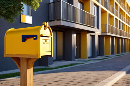 Yellow wooden Mailbox in an house residential building outside. Modern numbered mailboxes box outdoors, creative design mail backgrounds. Urban correspondence concept. Copy ad text space. Generated AIの素材
