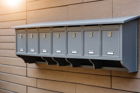 Gray wooden Mailbox in an house residential building outside. Modern numbered mailboxes box outdoors, creative design mail backgrounds. Urban correspondence concept. Copy ad text space. Generated AIの素材