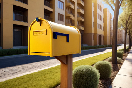 Yellow wooden Mailbox in an house residential building outside. Modern numbered mailboxes box outdoors, creative design mail backgrounds. Urban correspondence concept. Copy ad text space. Generated AIの素材