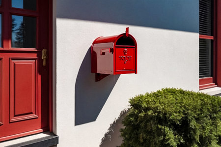 Red wooden Mailbox in an house residential building outside. Modern numbered mailboxes box outdoors, creative design mail backgrounds. Urban correspondence concept. Copy ad text space. Generated AIの素材