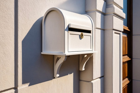 White wooden Mailbox in an house residential building outside. Modern numbered mailboxes box outdoors, creative design mail backgrounds. Urban correspondence concept. Copy ad text space. Generated AIの素材