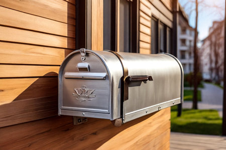 Silver wooden Mailbox in an house residential building outside. Modern numbered mailboxes box outdoors, creative design mail backgrounds. Urban correspondence concept. Copy ad text space. Generated AIの素材