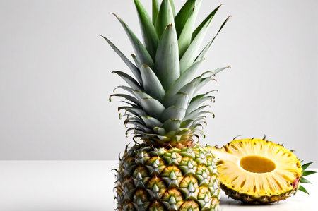 Fresh pineapple fruit with water drops at white background. Cartoon pineapples for design project, poster, banner, food wallpaper. Fresh fruits concept. Copy ad text space. Generative Ai illustrationの素材