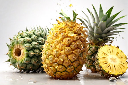 Fresh pineapple fruit with water drops at white background. Cartoon pineapples for design project, poster, banner, food wallpaper. Fresh fruits concept. Copy ad text space. Generative Ai illustrationの素材