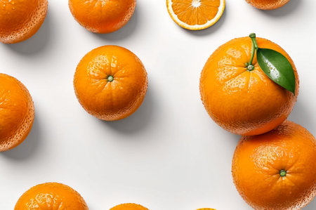 Fresh orange fruit with water drops at white background. Cartoon orange for design project, poster, banner, food wallpaper. Fresh fruits concept. Copy ad text space. Generative Ai illustrationの素材