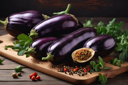 Fresh eggplant, herbs, spices on wooden table, still life. Kitchen vegetables poster, banner, food wallpaper. Cooking backdrop, home cuisine concept. Copy ad text space. Generative Ai illustrationの素材