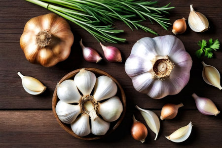 Fresh ripe garlic, herbs, spices on wooden table, still life. Kitchen vegetables poster, banner, food wallpaper. Cooking backdrop, home cuisine concept. Copy ad text space. Generated Ai illustrationの素材