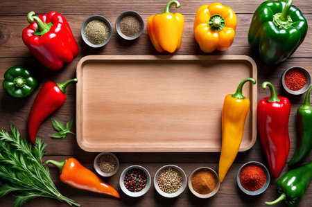 Fresh sweet pepper, herbs, spices on wooden table, still life. Kitchen vegetables poster, banner, food wallpaper. Cooking backdrop, home cuisine concept. Copy ad text space. Generated Ai illustrationの素材