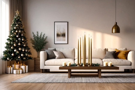 Christmas and new year decor background, close up decorated christmas candelabra living room at home. Copy spaceの素材