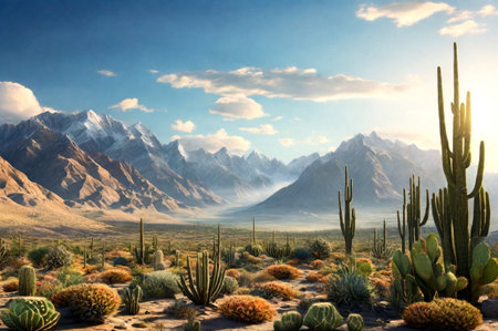 Landscape photo of wild nature mountains of Bolivia with cacti vegetation, sunny summer day. Scenic view of bolivian natural wilderness. Global ecology concept. Copy ad text space, nature backgroundsの素材