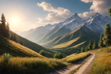 Landscape photo of wild nature mountains of Bolivia with rustic road, sunny summertime day. Scenic view of bolivian natural wilderness. Global ecology concept. Copy ad text space, nature backgroundsの素材