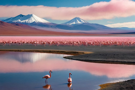 Scenery view of Laguna Colorada lake with pink chilean flamingos at Andes mountains background. Landscape photo of Bolivia in natural wilderness. Bolivian nature landmarks concept. Copy ad text spaceの素材