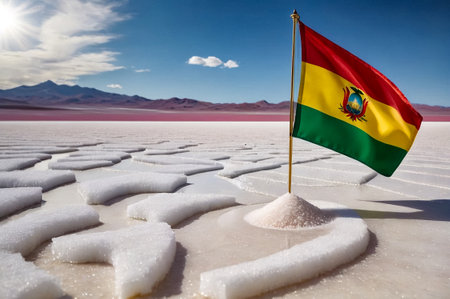 Scenery view of close-up Bolivian flag on wild nature salt flat, scenic backgrounds. Landscape photo flag of Bolivia in natural salt desert wilderness. Bolivian landmarks concept. Copy ad text spaceの素材