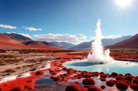 Landscape photo of Laguna Colorada red lake with dry vegetation and geysers at Andes mountains. Scenery view of Bolivia in natural wilderness. Bolivian nature landmarks concept. Copy ad text spaceの素材