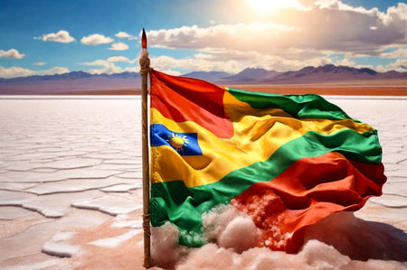 Scenery view of close-up Bolivian flag on wild nature salt flat, scenic backgrounds. Landscape photo flag of Bolivia in natural salt desert wilderness. Bolivian landmarks concept. Copy ad text spaceの素材