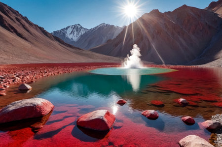 Landscape photo of Laguna Colorada red lake with rocks and geysers at Andes mountains. Scenery view of Bolivia in natural wilderness. Bolivian nature landmarks concept. Copy ad text space, backgroundsの素材