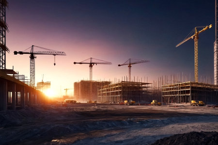 Concept of architecture and construction. Backdrop for industrial style. Building construction site with cranes and light flare at night time background. Copy spaceの素材