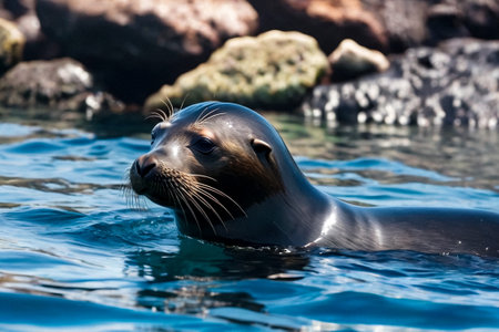 Galapagos fur seal (Arctocephalus galapagoensis) swimming in tropical underwaters. Close up lion seal in under water world. Observation of ocean wildlife. Scuba diving adventure in Ecuador coastの素材