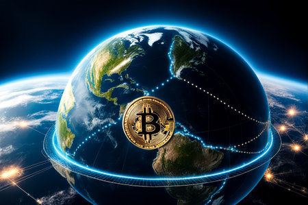 Abstract futuristic backdrop of communication technology for internet business. Global world network and telecommunication on earth, blockchain. Copy ad text space. Generative cartoon Ai illustrationの素材