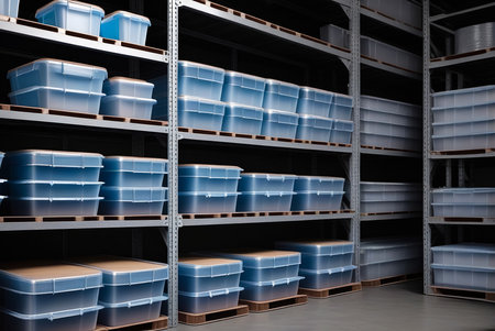 Warehouse in factory. Close up rows of plastic containers for packaging and storage stand in an old room at manufacturing plant. Production banner concept. High quality photo. Copy ad text spaceの素材