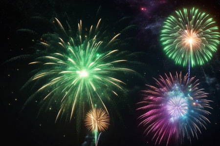 Green holiday fireworks background with sparks, colored stars and bright nebula on black night sky universe. Amazing beauty colorful fireworks display on celebration, showing. Holidays backgroundsの素材