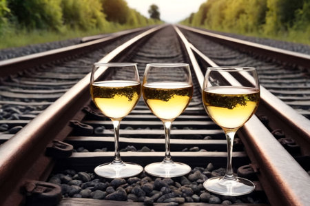 Glasses of wine at railroad tracks. Old vintage background track rails with alcohol goes away. Railroad single track through woods or forest. Travel concept. Copy space for siteの素材