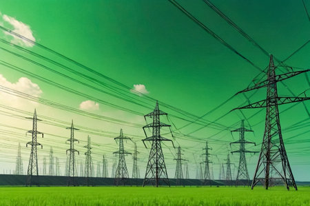Electricity distribution station pylons on background of green acid sky. Silhouette image power line support high voltage power transmission tower and lines in urban pollution environment. Copy spaceの素材
