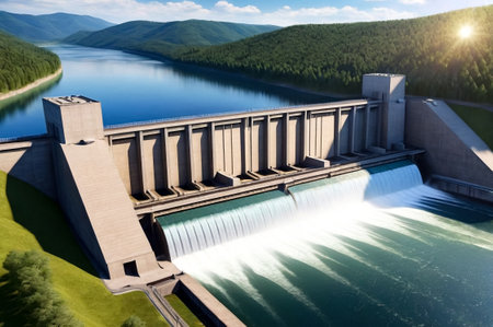 Photo of modern giant dam, hydroelectric power station. Hydro electrification concept. Copy ad text spaceの素材
