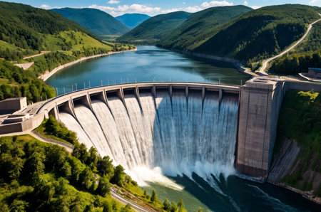 Photo of modern giant dam, located on Parana river. Itaipu Binacional hydroelectric power station in Foz do Iguazu Brazil on border with Paraguay. Hydro electrification concept. Copy ad text spaceの素材