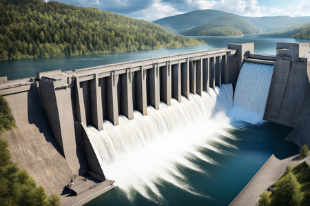 Itaipu Binacional hydroelectric power station in Foz do Iguazu Brazil, border Paraguay. Panoramic view of modern giant dam on Parana river, South America. Hydro electrification concept. Copy ad spaceの素材