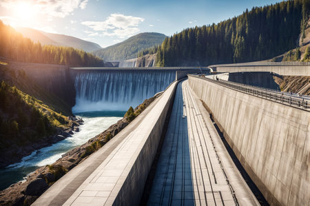 View of road modern giant dam on Parana river, Itaipu Binacional hydroelectric power station in Foz do Iguazu Brazil on border Paraguay. Hydro electrification concept. Copy text spaceの素材