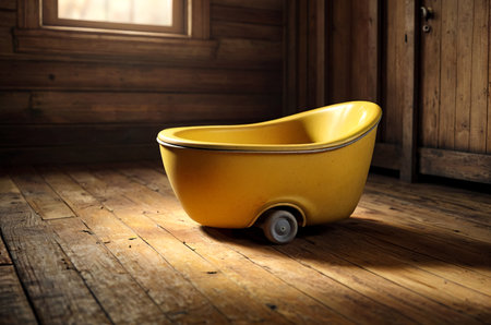 Old yellow baby potty on floor. Dirty and dusty pot on wooden floor. An old unnecessary forgotten thing symbol of old age. Concept of education and growing up, transition of life. Copy space for siteの素材