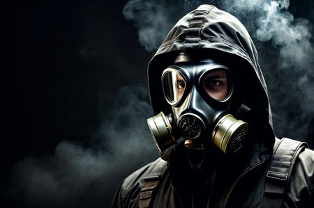 Mysterious person in gas mask against dark background. Illustration of stalker portrait in soviet old gas mask with filter red highlights dissolving. Radiation concept. Copy ad text space. Generate AIの素材