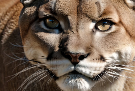 Up close and personal with cougar in natural habitat. Showcasing fierce and serious gaze as wild predator in exotic natural world. Animal themes wildlife concept. Copy ad text space. Generated AIの素材