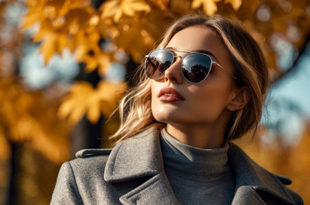 Portrait of perfect young woman in gray coat and sunglasses posing in autumn park, looking up. Lovely stylish lady walking in fresh air on September day. Leisure activity concept. Copy ad text spaceの素材