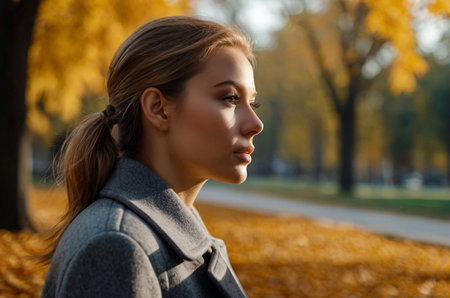 Side view of confident young lady in gray coat posing in autumn park, looking away. Portrait of serious woman walking on fresh air on September fall day. Leisure activity concept. Copy ad text spaceの素材